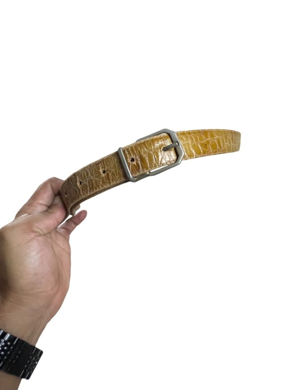 Vintage Tan Croc-Embossed Leather Belt With Silver Buckle For Casual Or Dressy L